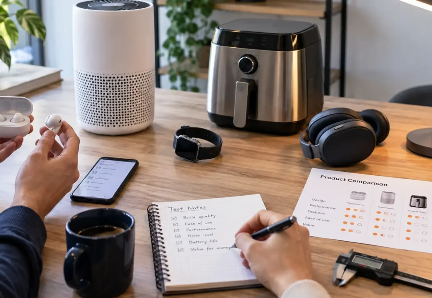 Review work with product notes, comparison sheets and testing tools
