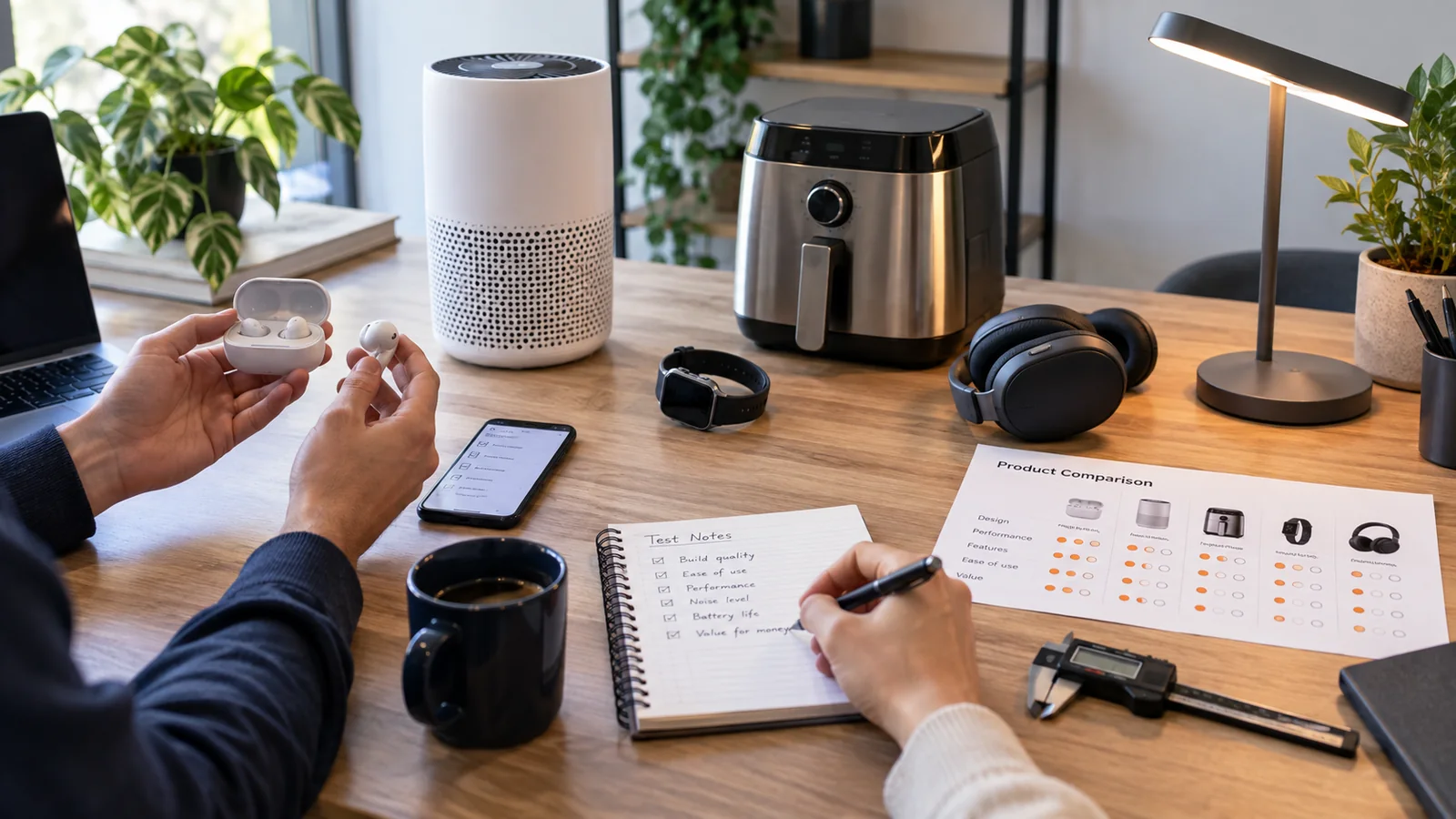 Consumer products being tested and compared with written review notes